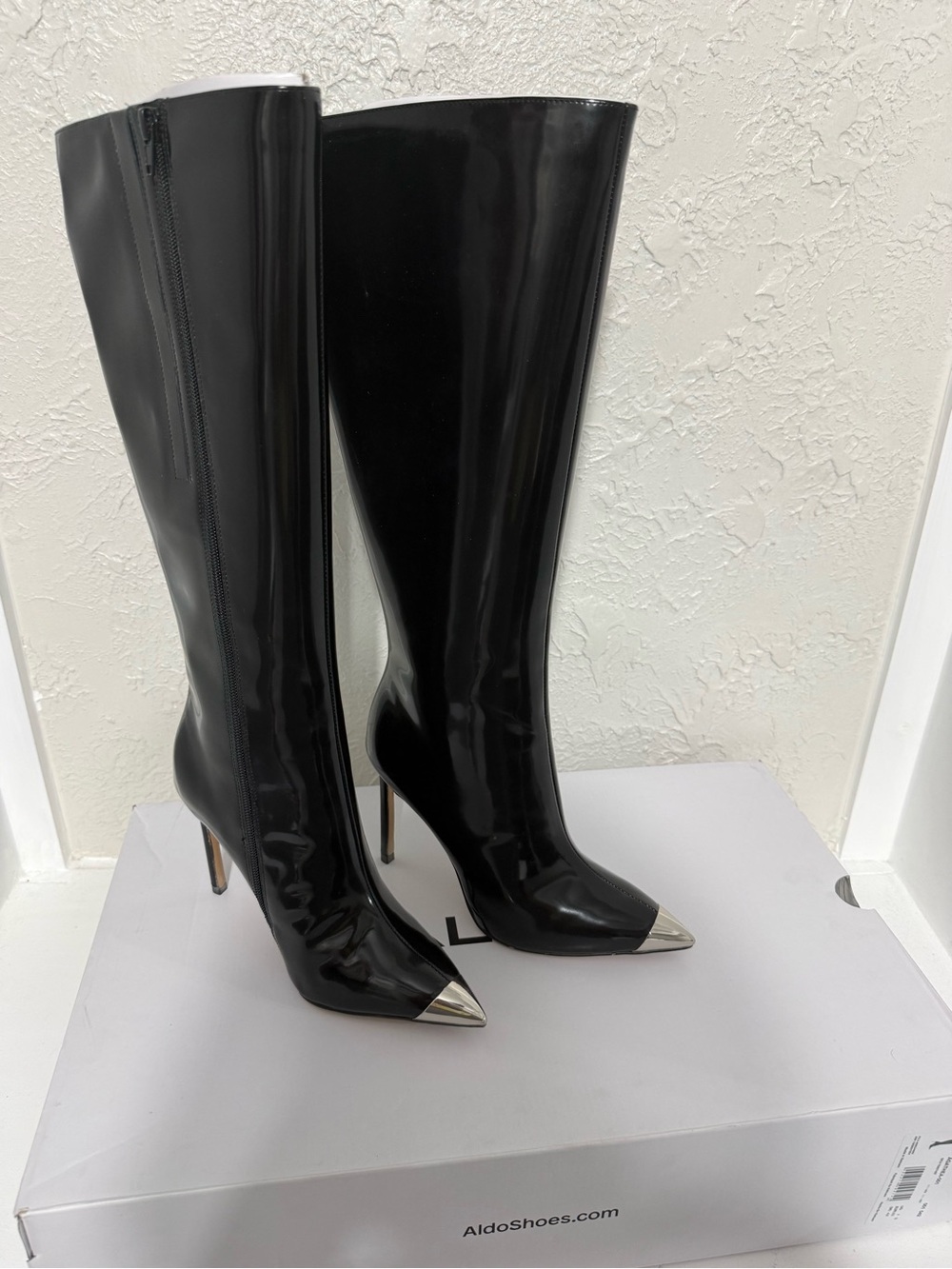ALDO Black Patent Knee-High Boots with Silver Cap Toe